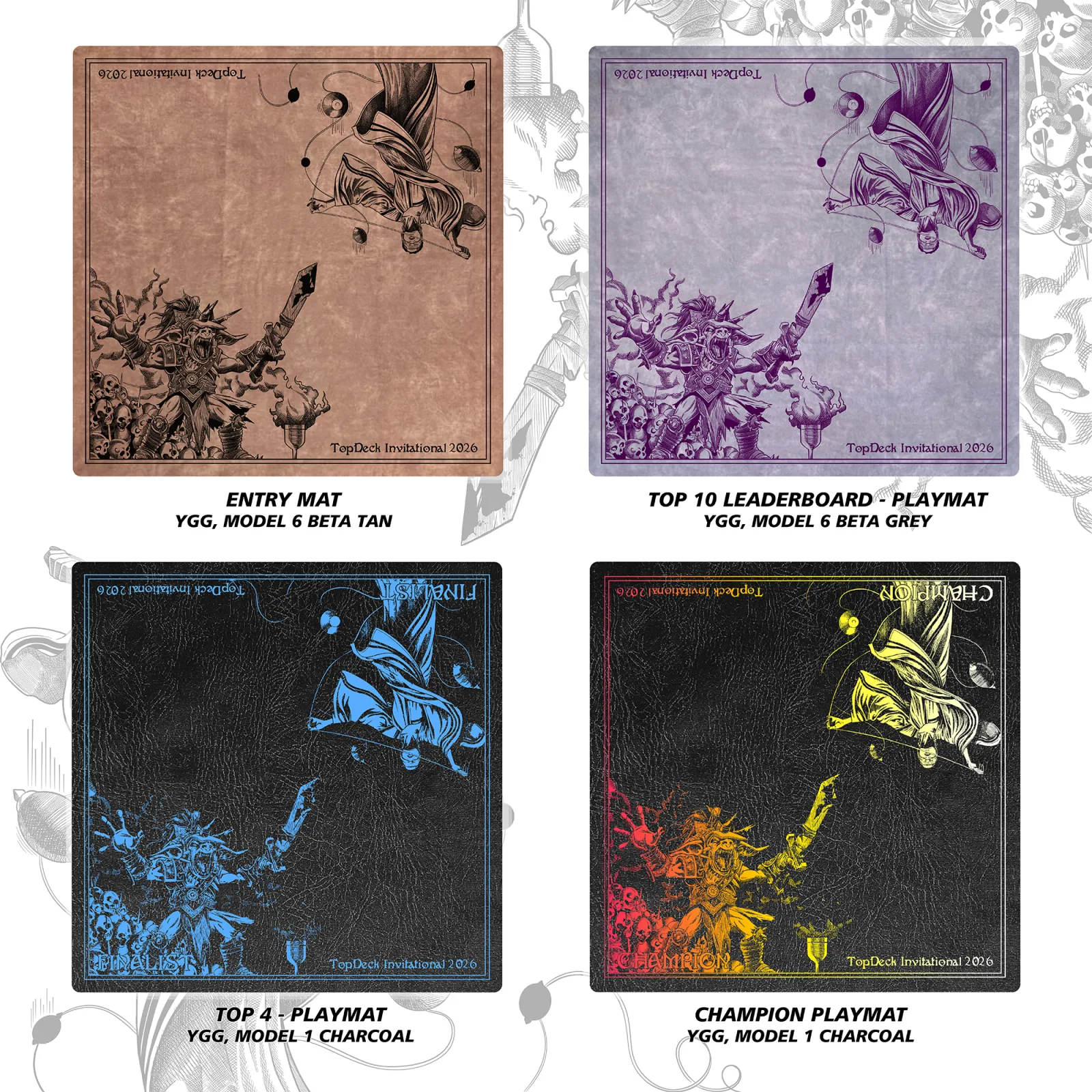 The TopDeck Invitational 2026 playmats: Entry tan, Top 10 Leaderboard grey, Top 4 black and sky blue, Champion black multicolor
