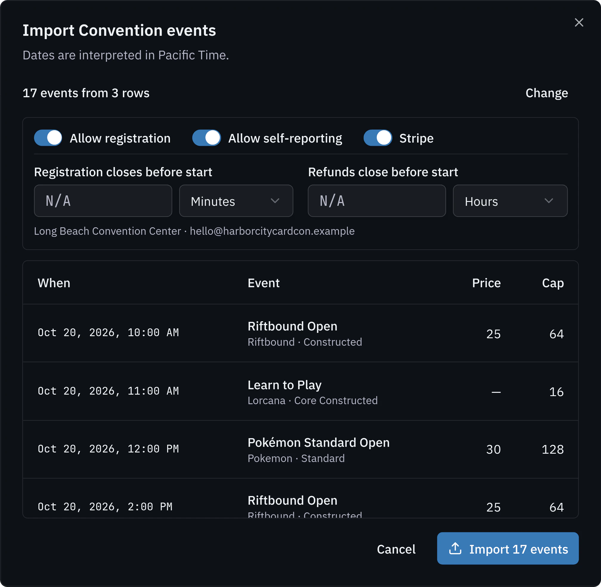 The CSV import review for Harbor City Card Con: 17 events from 3 rows, dates read in Pacific Time, each event with its time, price and cap, and the Import 17 events button