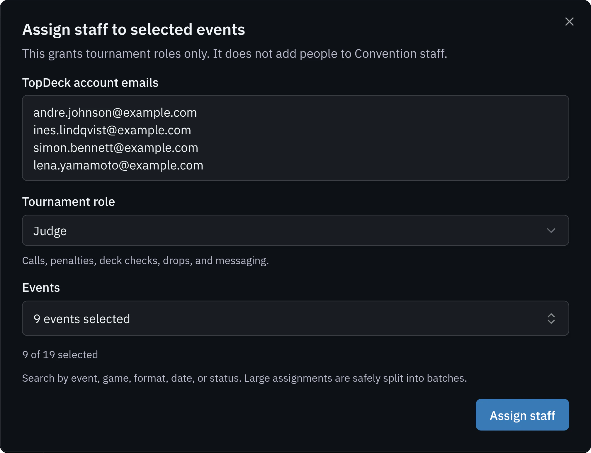 Assign staff to selected events: four TopDeck account emails, the Judge role and the nine Riftbound Opens selected