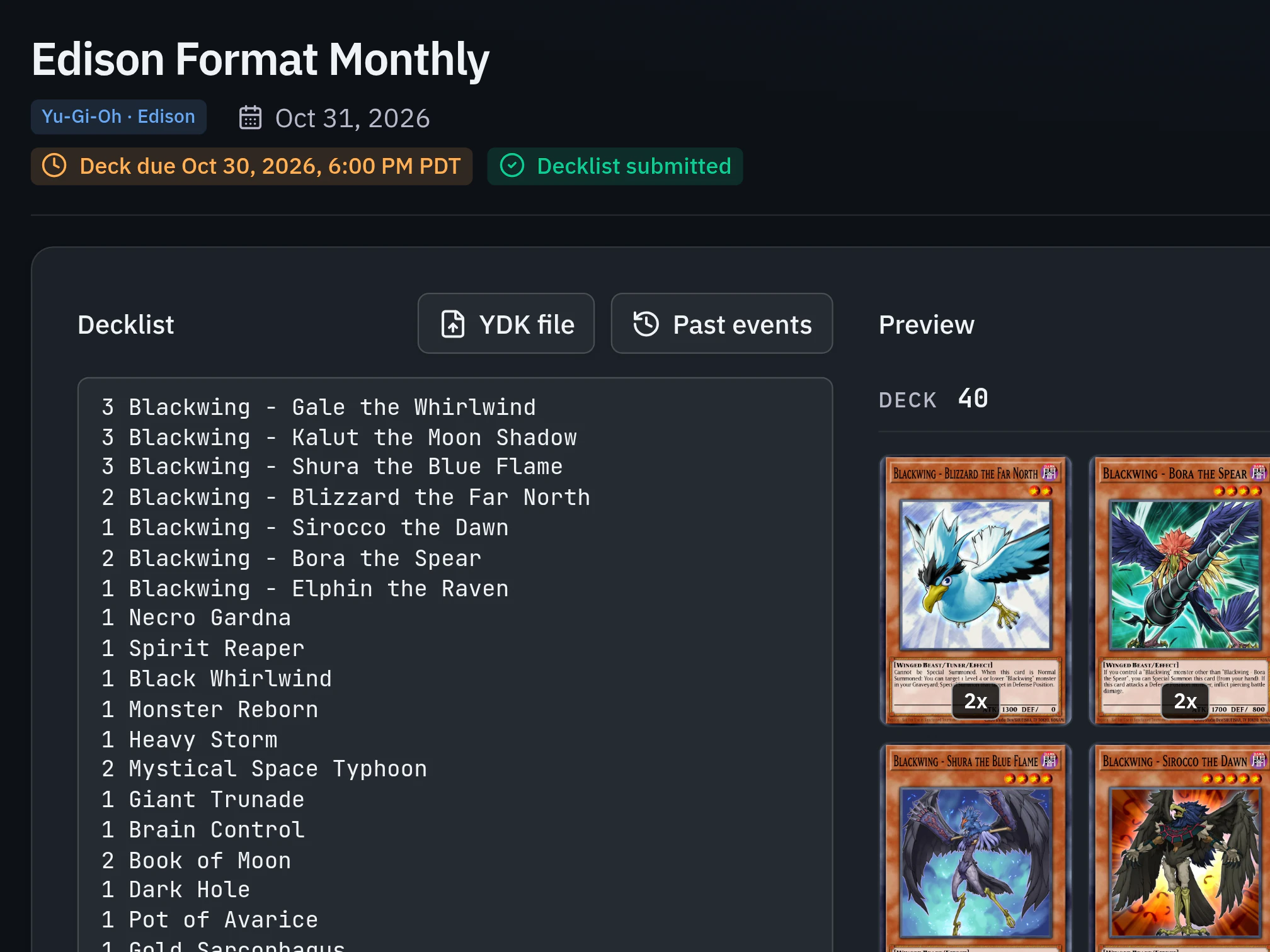Alex Rivera’s Yu-Gi-Oh Edison list for the Edison Format Monthly: due Oct 30 at 6:00 PM, Decklist submitted, the list beside its card preview
