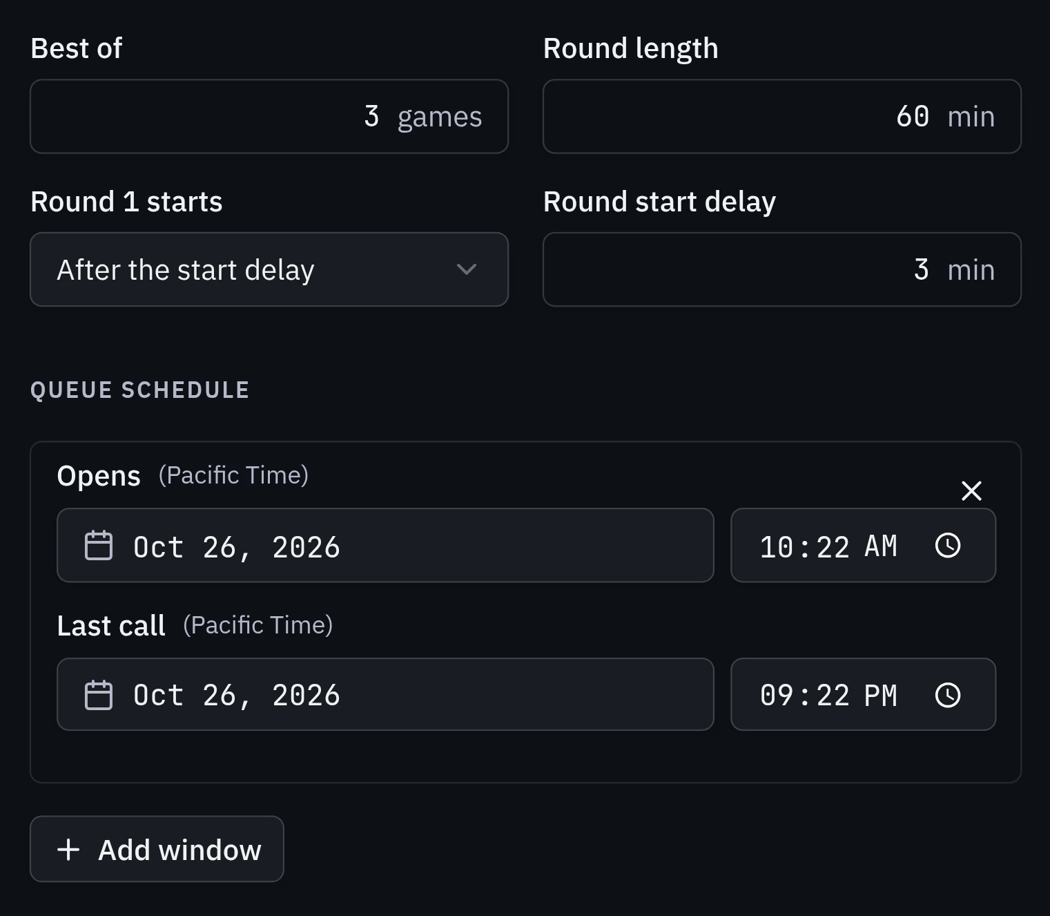 The on-demand event editor: best of three, 60-minute rounds, round 1 after the start delay, and a 3-minute start delay
