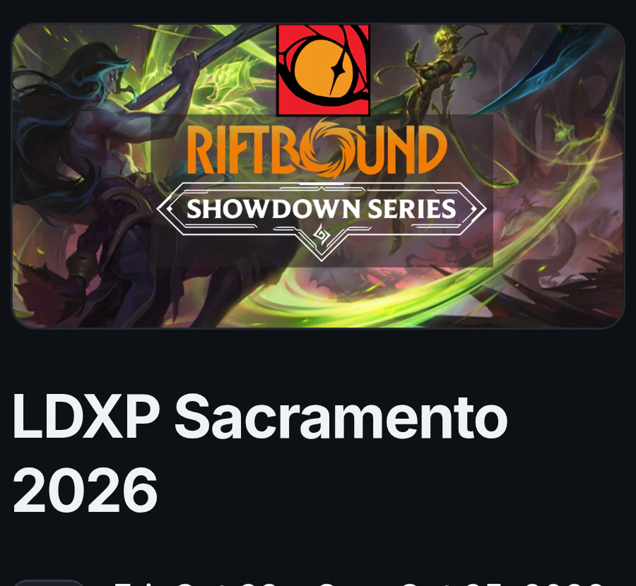 LDXP Sacramento 2026’s page on TopDeck: the Riftbound Showdown Series banner, its name and dates