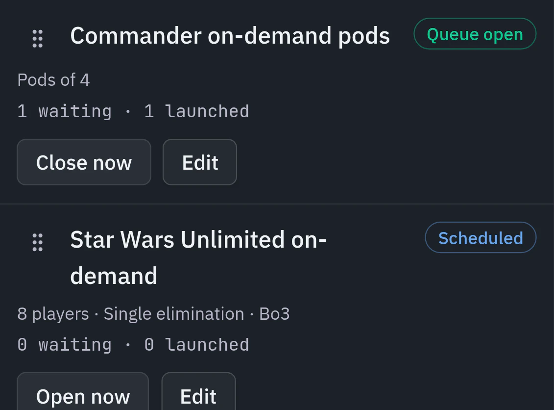The Commander on-demand pods queue, open, pods of four, with a player waiting and a pod launched