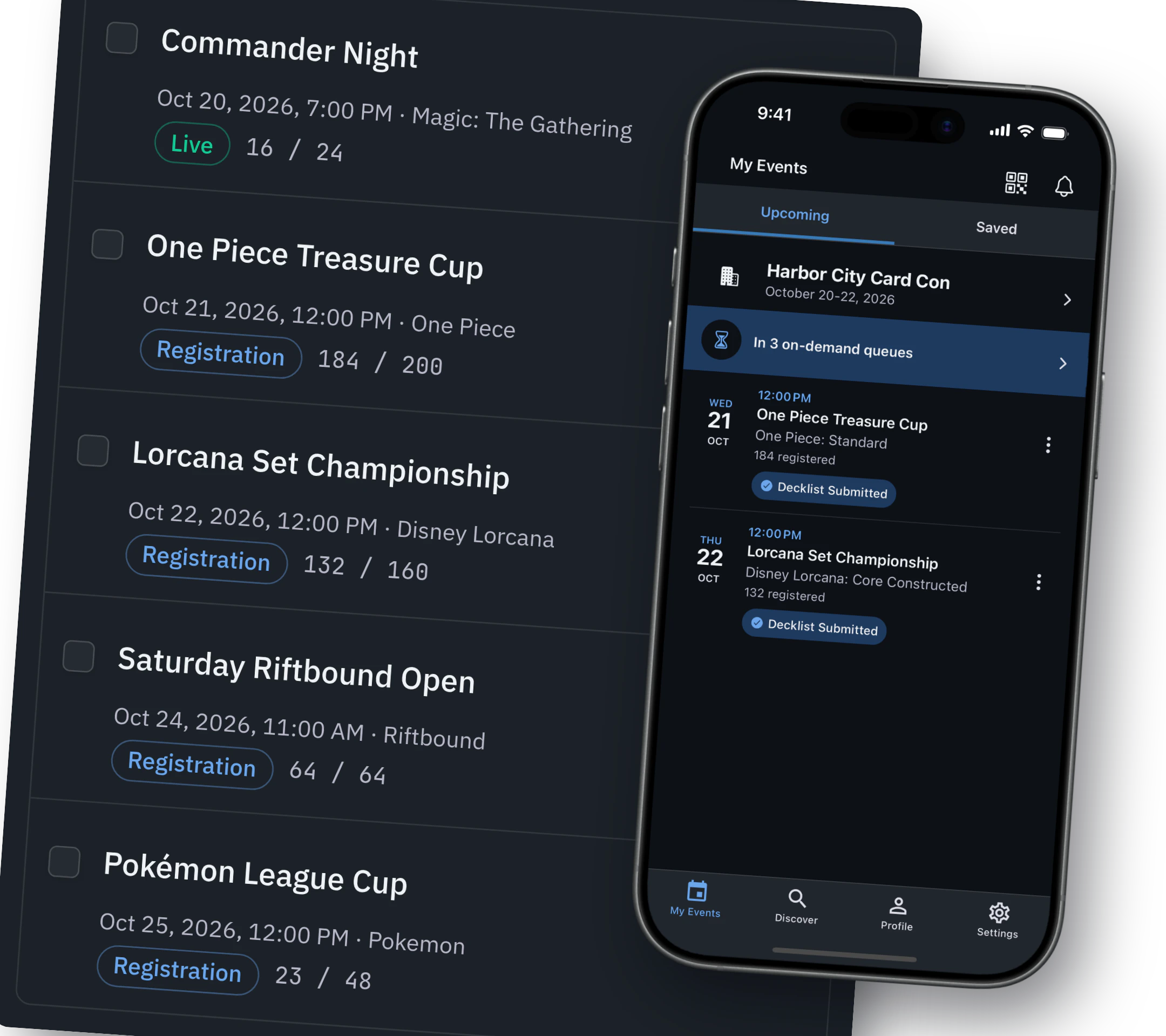 An organizer’s week in TopDeck: Commander Night live at 16 of 24, the One Piece Treasure Cup at 184 of 200, the Lorcana Set Championship at 132 of 160, the Saturday Riftbound Open full at 64 and a Pokémon League Cup at 23 of 48, beside a player’s My Events in the TopDeck app listing the Treasure Cup and the Lorcana Set Championship